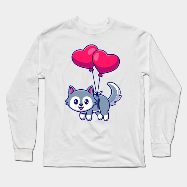 Cute Husky Dog Floating With Heart Balloons Long Sleeve T-Shirt by Catalyst Labs